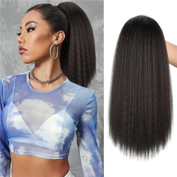 Straight Ponytail Extension for Women, 14 Inch Black Brown - Picture 1 of 5